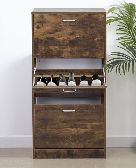 Schoenenkast - Schoenenrek met 3 Vakken met Klepdeuren - Donkerbruin Walnoot Kleurig - 112x60x30 cm