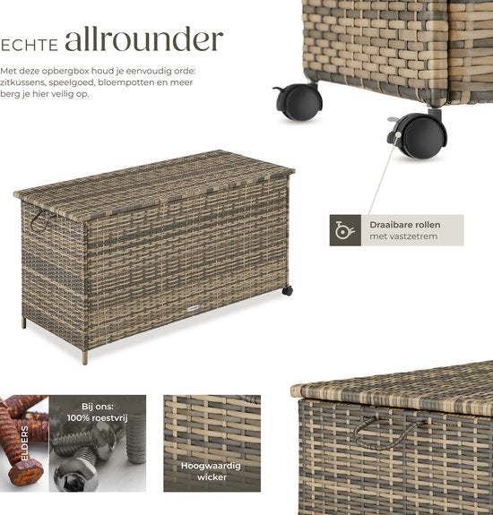 tectake® Wicker Opbergbox - 253 L - Kussenbox voor Buiten - Tuinbox - 116 x 54 x 64 cm - Weerbestendig en Afsluitbaar met Deksel - Verrijdbaar - Inclusief 2 Handgrepen, 2 Wielen met Rem en Gasveren - Tuinkist - Beige