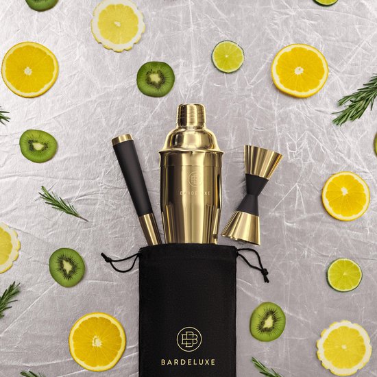 BarDeluxe® Cocktail Set - 3-Delig 750 ml Cocktailshaker met Jigger & Stamper - Inclusief Nederlandstalig Receptenboek - Luxe Cadeau - Goud