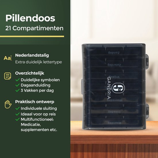 Gandria Pillendoos 7 Dagen - Uitneembaar Pillendoosje - Medicijndoos met 21 Compartimenten - Medicijndoos met Stevige Sluiting - 3 Vakken per Dag - Zwart
