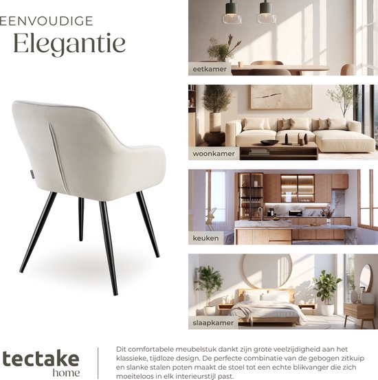 tectake® Eetkamerstoelen Marilyn - Gestoffeerde Stoelen met Koordlook/ribstof - Zwarte Stoelpoten - Ergonomische Keukenstoel - Stoel voor Eetkamer, Woonkamer, Slaapkamer - Creme