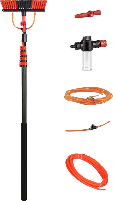 Shine Wasborstel - Uitschuifbaar - 5 Delig - Aluminium - Tot 7M - Incl. Zeepdispenser - Rood/Zwart