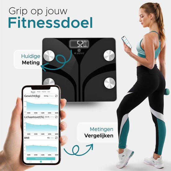 e.volve Weegschaal Personenweegschaal Digitaal - 20x - Zwart - Slimme Weegschaal met Lichaamsanalyse - Precisie Weegschaal - Incl. App