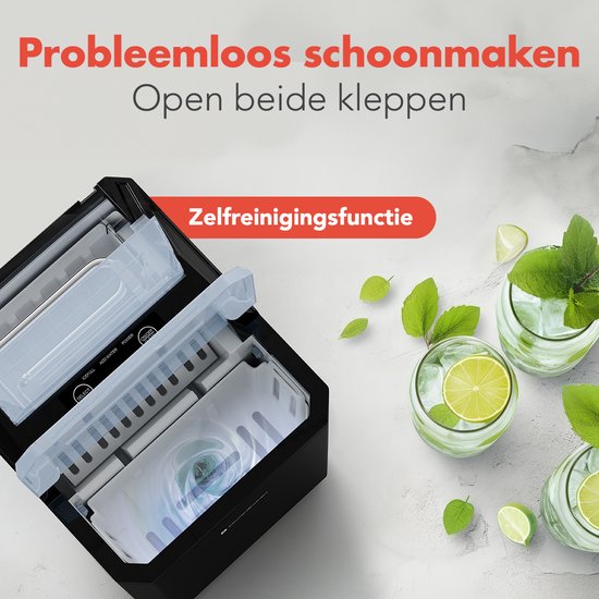 KitchenBrothers IJsblokjesmachine - 1L - IJsblokmaker met IJsschep - Easy Clean - 9 Blokjes in 8 min. - Zwart