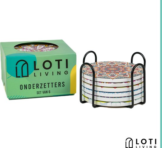 Loti Living Onderzetters met Houder – Onderzetters Design - Onderzetters Kurk – Onderzetters set - Onderzetters Voor Glazen – 6 stuks – Mandala Design