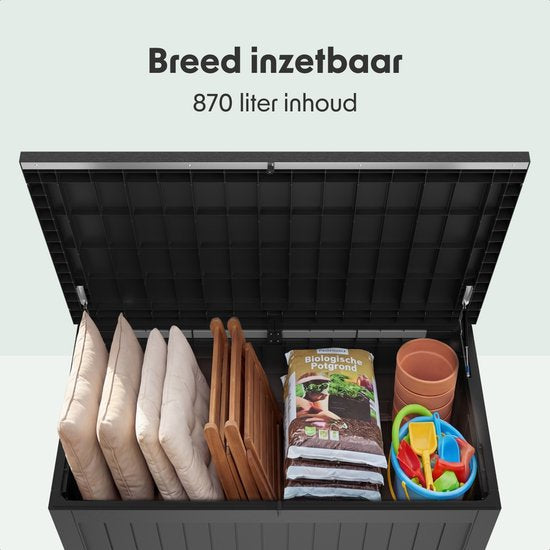 LifeGoods Opbergbox - 870L - Kussenbox - Waterdicht - Tuinkussenbox - Roestvrij - Tuinbox - 146.5x81.5x85.6 cm - Zwart
