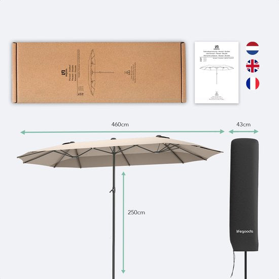 LifeGoods Dubbele Parasol - 270x460cm - tot 15 Personen - Waterdicht - met Hoes - Taupe
