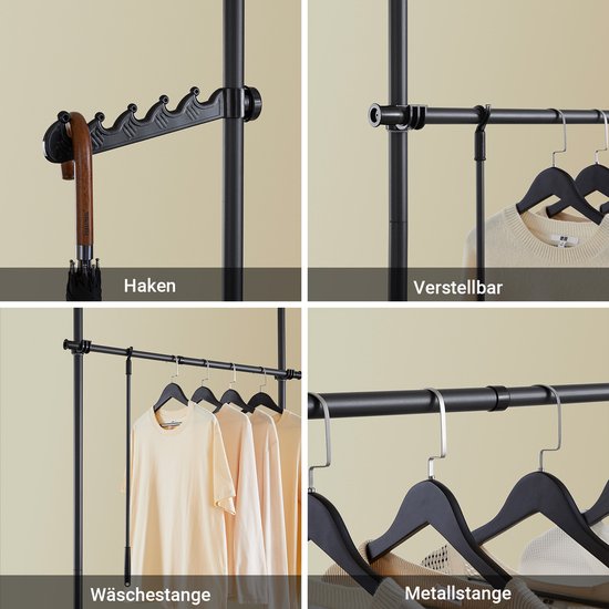 SoBuy Telescoop Kledingrek - Verstelbaar Opbergsysteem - Klerenrailsysteem - B(75–126) × H(200–295) cm, Zwart, FRG109-II-SCH