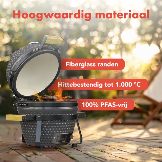 KitchenBrothers Kamado BBQ - 13 Inch Houtskool Barbecue - 27⌀ cm - PFAS-vrij - Deluxe Set - Egg BBQ met Accessoires inclusief Hoes - Grijs
