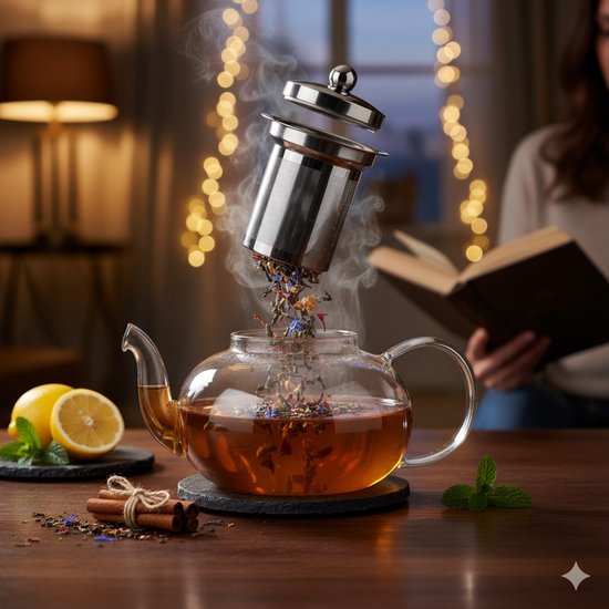 Vaja® Glazen Theepot met RVS Filter - 1.4 Liter - Thee Infuser - Voor Losse Thee / Theebloemen - Kerst Cadeau - Borosilicaat Glas Anti-druppel tuit