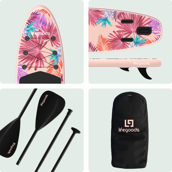 LifeGoods PaddlePro SUP Board - met Zitje - Opblaasbaar Paddle Board - Complete Set - Max. 150KG - 320x81cm - Tropical Roze