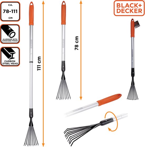 BLACK+DECKER Hark - Telescopische Tuinhark - Uitschuifbare Steel van 78 tot 111 CM - Bladhark - Tuingereedschap Aluminium Steel en Koolstofstalen Kop - Roestvrij - Zilver/Zwart