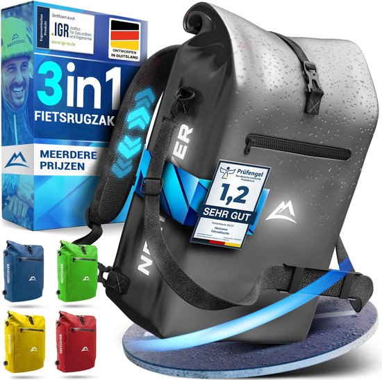NEXTCOVER® NIEUW 3-in-1 fietstas voor bagagedrager [Aquashield] - Reflecterend bagagedragertas waterdicht - rugzak en schoudertas [25 liter]- Zwart