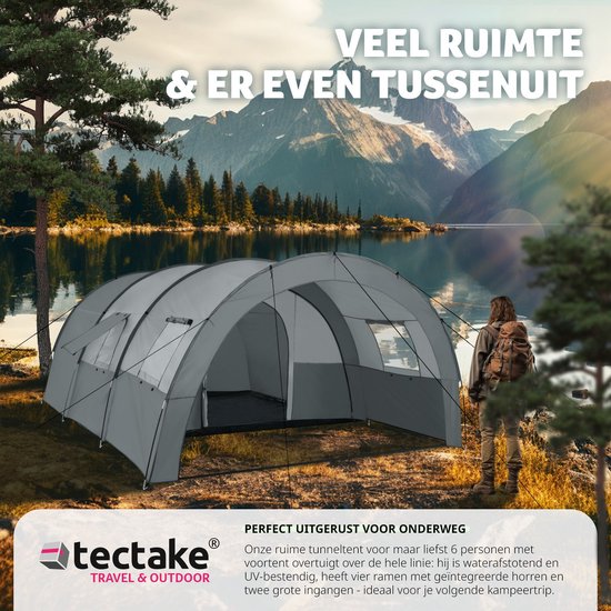 tectake® - Tunneltent voor 6 personen - Familietent op stahoogte - Voortent - Campingtent grote slaapcabine met grondzeil - 4 ramen, waterafstotend, 480 x 350 x 195 cm, donkergrijs/lichtgrijs