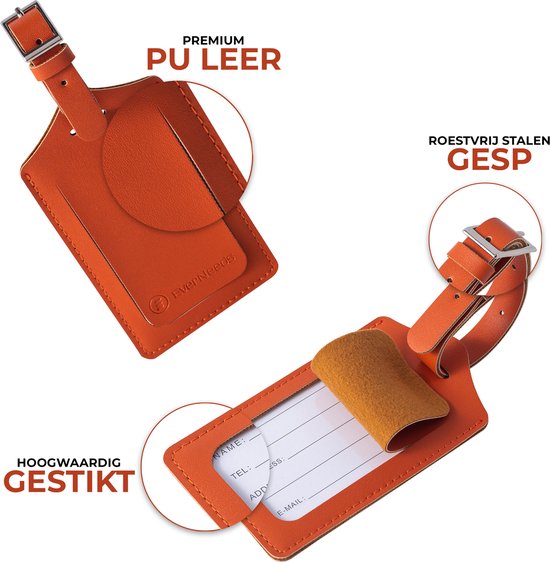 Bagagelabel PU Leer – Set van 2 – Oranje – Koffer Tags – Reizen