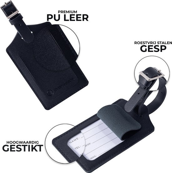 EverNeeds Bagagelabel - PU Leer - Zwart - 2 Stuks - 7.5x11.5 cm