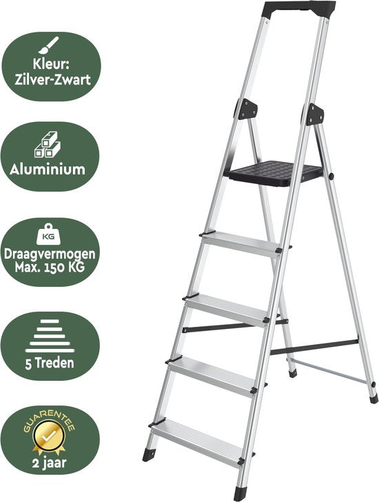 BRASQ Huishoudtrap 5-treden Zilver - keukentrap inklapbaar aluminium voor Particulier en professioneel gebruik - Trap Ladder - Anti slip