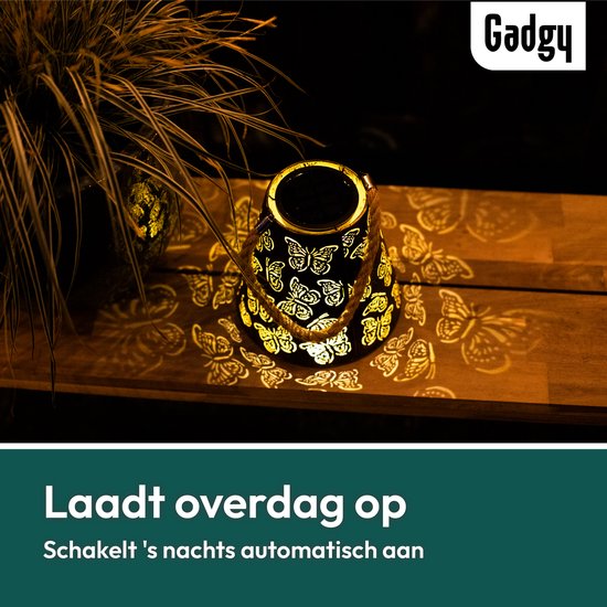 Gadgy Solar Tuinverlichting Vlinders - Tuinverlichting Led Buiten ophangen - Solar Buitenlamp Zonne Energie met Schaduweffecten - Solar Lamp Tuin, Terras & Balkon - Lantaarn voor Buiten - Lantaarn Windlicht op Zonneenergie - Brons / Goud