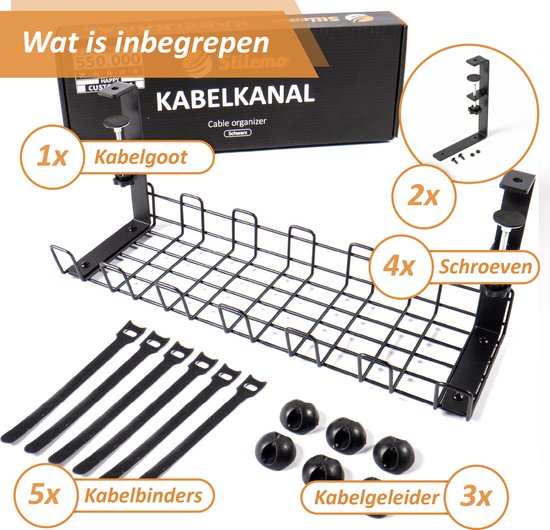 Stilemo Kabelgoot Bureau Klemmen - Cable Management - Kabelhouder Zonder Boren Monteren - Kabelbox 38 CM Zelfklevend met Klemmen - Kabel Organiser onder Bureau 4.5 KG Draagkracht - Zwart