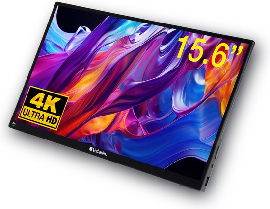 Verbatim – 15,6" 4K Portable Touchscreen Monitor PMT-15-4K – 357,1 x 215 x 12 mm – Voorzien Van IPS-Technologie En HDR En 10-Punts Multi-Touch En Verstelbare Standaard – Voor Gaming En Zakelijk Gebruik – Zwart Aluminium
