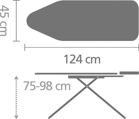 Brabantia Strijkplank C – XL 124 x 45 cm – Metallised – Met Stoomunithouder – Verstelbaar & Stabiel - Grijs