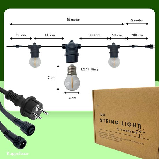 a sunny day lichtsnoer buiten - lichtslinger - lichtsnoeren voor buiten - prikkabel - warm wit licht - 10 meter - led - lichtsnoer binnen en buiten - lichtsnoeren - lichtslang voor buiten - 10 led lampen - E27 fitting - verlengbaar