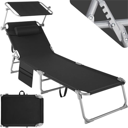 tectake® - ligbed Zonnestoel ligstoel - 4 standen, inklapbaar – zwart - 68 x 190 x 28 cm, met zijvak