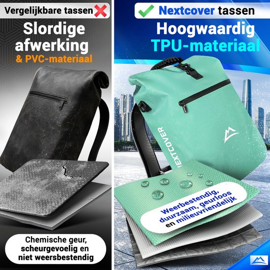 Nextcover 3in1 Fietstas Enkel voor Bagagedrager [PVC vrij] | Waterdichte Fietstas, Rugzak en Schoudertas 25L | Ideaal voor Laptop en Wekelijkse Aankopen | Fiets Tas Enkele | Fietstassen
