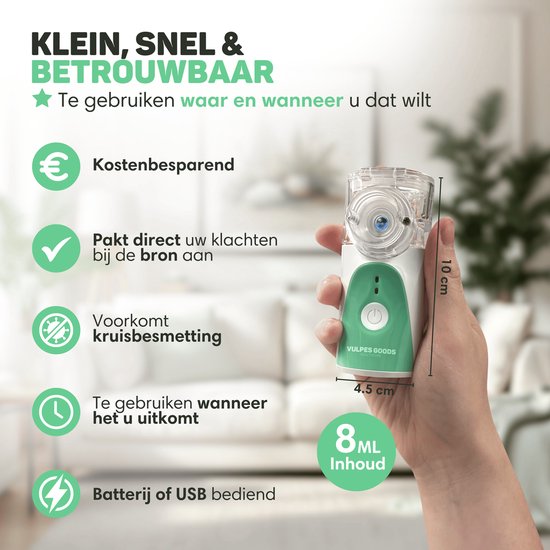 Vulpes Goods® HealthCare - Aerosoltoestel - Ultrasone Vernevelaar Inhalator – Nebulizer - Inhalatieapparaat voor Kinderen, Volwassenen & Baby’s – Helpt tegen Luchtwegaandoeningen - Incl. 3 mondstukken & luxe reistas