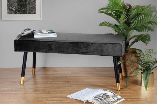 LIFA LIVING Halbank Barcelona - Grijs & Goud - Modern - Fluweel & Hout - 101 x 42 x 45 cm