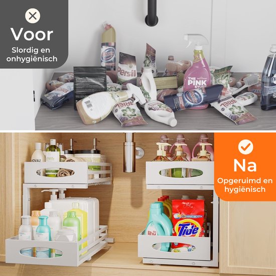 Posity Keukenkast Organizer - Gootsteenkast Organizer - Aanrecht Organizer - Opbergrek - Badkamer Organizer - Keukrenrek - Uitschuifbaar - Metaal - Wit