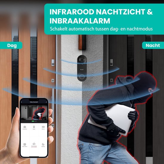 Video Deurbel met Camera - Inc. Gong & 128GB SD - Draadloos - Slimme Deurbel - met App - Zwart - van Saaf