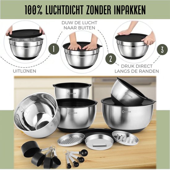 COOCK RVS Mengkommen set met Deksel - Beslagkommen met deksel - Bewaarbak met Rasp - Schaal voor Salades & Mengen - 22 Delige Set 1,5 t/m 5 Liter – Incl. Maatschepjes