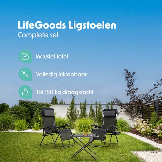 LifeGoods Ligstoelen - Opvouwbaar - Complete set - Met Bijzettafel - 30°-90° Verstelbaar - Tuinstoelen - Metaal - Zwart