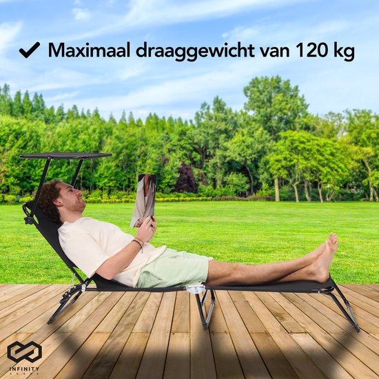 Infinity Goods Ligbed Met Zonnescherm - Opvouwbaar - Zonnebed - Ligstoel - Verstelbaar - Verstelbaar - Tuin - Weerbestendig - Zwart