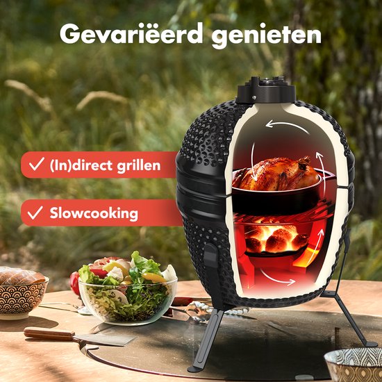 KitchenBrothers Kamado BBQ - Houtskool - 13inch - PFAS-vrij - Ø27cm - Zwart