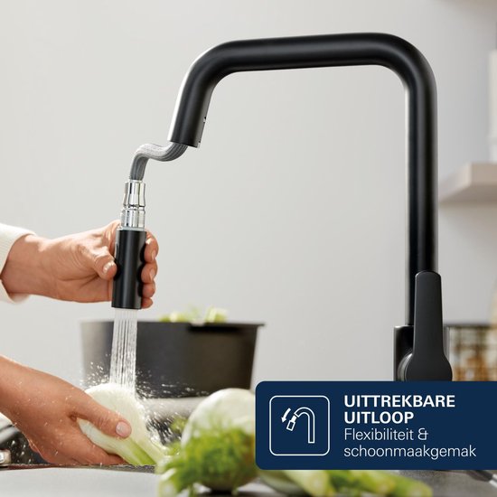 GROHE Start Edge eengreeps keukenmengkraan met uittrekbare uitloop - Hoge C-uitloop - 360° Draaibereik - Mat Zwart - Eenvoudig te monteren met de QuickMount