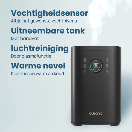 Auronic Luchtbevochtiger - 4 l Capaciteit - Aromatherapie - Nachtmodus - BPA-vrij & Fluisterstil - 360 Graden Mondstuk - Kunststof - Zwart
