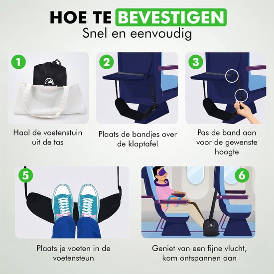 Travelhawk Voetensteun voor Vliegtuig - Voetenhangmat voor op Reis - Ook voor Bus of Trein - Compact en Lichtgewicht - Zwart