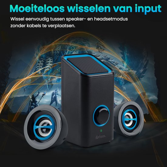 PC Speakers - Met Bluetooth 5.0 - Computer Speakers - Speakers voor PC - USB-C en USB-A - Complete 3-Delige Set - Speakerset - Zwart en Blauw - Faas