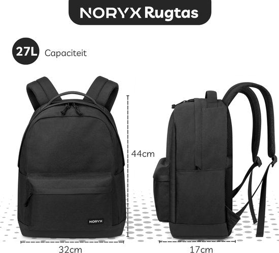 Noryx Origin Rugzak 27L - 15,6 inch - Laptop Rugtas - Schooltas - Heren en Dames - Spatwaterdicht - Zwart
