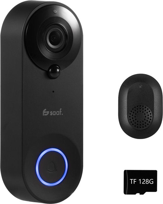 Video Deurbel met Camera - Inc. Gong & 128GB SD - Draadloos - Slimme Deurbel - met App - Zwart - van Saaf
