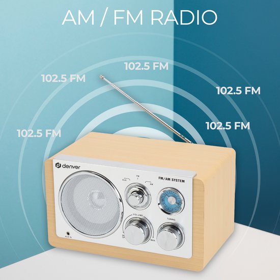 Denver Draagbare FM Radio - Retro - Werkt op batterijen of netstroom - Keukenradio - AM - FM - TR63 - Hout