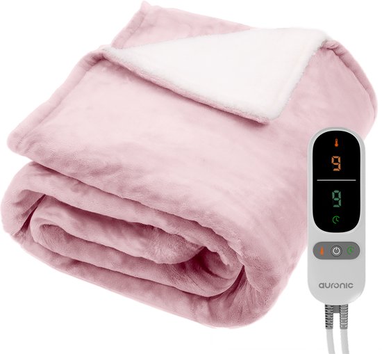 Auronic Elektrische Deken - 200x180cm - Warmtedeken - 2 Persoons - Sherpa Fleece - 9 Hitte en Timerstanden - Bovendeken - Verwarmingsdeken - Roze