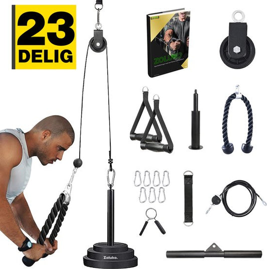 Zoluko Home Fitness Kabelsysteem 23-delige set - Incl. E-book - Krachtstation voor Thuis Sporten - Incl. Triceps Touw, Biceps Stang en Handgrepen - 100kg Draagkracht - Eenvoudige Bevestiging - Krachttraining - Lat Pulley - Home Gym - Zwart/Zilver
