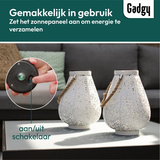 Gadgy Solar Lantaarn Mat Wit - Tafellamp set van 2 - Solar Tuinverlichting op Zonneenergie - Led Buitenverlichting met Dag/Nacht Sensor - Hanglamp - Tuinlantaarn - Metaal - 23 x Ø17.5CM