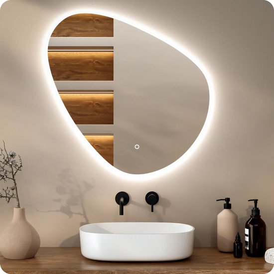 Mirlux Badkamerspiegel met LED Verlichting & Verwarming – Wandspiegel Asymmetrisch – Anti Condens Douchespiegel - 80CM