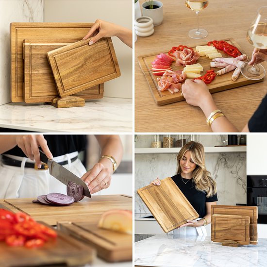 Deleca 3-Delige Snijplankenset met Houder (40x30 / 33x24 / 26x18 cm) - Voor Keuken, Snijplanken, Serveerplank, Kaasplank, Borrelplank en Tapasplank - Snijplank Acacia Hout