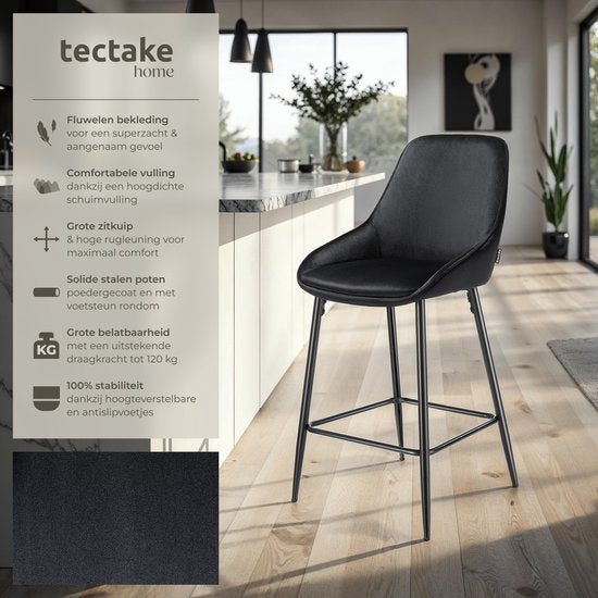 tectake® - Set van 2 Barkrukken Siera - Gestoffeerde Barkruk met rugleuning - Barstoelen - Barstoel met voetensteun - Eetkamerstoel met fluweellook bekleding en zachte schuimvulling - Stevige stalen poten met antislip vloerbescherming - Zwart