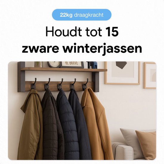 Wand kapstok met plank - 10 haken - Hangend - Kapstokken - Kleer - Kleding - Hangers - Vintage - Muur - Industrieel - Hout - Garde robe - Zwart - Luft